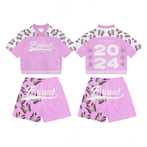Conjunto deportivo transpirable de malla de 220 GSM con pantalones cortos, diseño de paneles en blanco y rosa, logotipo personalizado, conjunto de jersey y pantalones cortos para hombre - Product Image 3