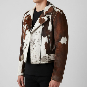 Cowhide <b>Fur</b> Moto Biker <b>Jacket</b> Animal Print Winter Warm Full Sleeve Zipper Closure Turn-down Collar - Product Image 3