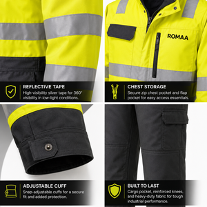 Yellow Black Spandex High Visibility Reflective <b>Waterproof</b> Unisex Work Coverall Industrial Safety <b>Overall</b> Utility Pockets - Product Image 3