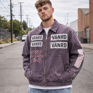 Custom Logo Design <b>Men</b>’s Distressed Woven Cotton Twill <b>Canvas</b> Zip Up Vintage Acid Wash Work <b>Jacket</b> Streetwear Outerwear - Product Image 1