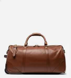 Brown Genuine Leather Luxury Rolling Duffle Bag Wheeled Travel Weekender Luggage <b>Trolley</b> <b>Suitcase</b> Water Resistant Large Capacity - Product Image 1