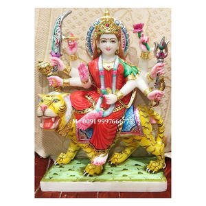 Estatua de Durga Mata en Mármol Blanco de Diseño Clásico Indio, en Posición Sentada sobre un León con Sankh en la Mano, para Regalo - Product Image 3