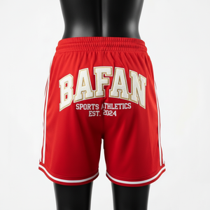 Shorts de basket-ball pour femmes de qualité supérieure, en polyester mesh rouge, avec empiècements rayés blancs, logo personnalisé. - Product Image 2