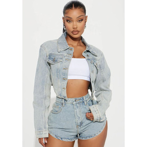 Women's Cropped Denim <b>Jacket</b> Light Blue Full <b>Sleeve</b> Button Front Trucker Style Spring Wear Plus Size <b>Short</b> Length - Product Image 6