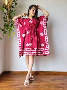 Pink Floral Printed 100% Cotton <b>Kaftan</b> Dress Collarless Neckline Loose Fit Midi Boho Casual <b>Summer</b> Wear Drawstring Elastic Waist - Product Image 4