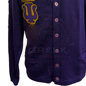 custom fraternity omega OPP <b>cardigan</b> sweater acrylic knitted V-neck purple men's sweater embroidery Greek letter button up front - Product Image 4