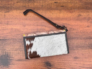 Real <b>Leather</b> Cowhide Fur Clutch Hand <b>Tooled</b> Carving Turquoise Color Flower Stylish Women's Clutch Multi Uses Wristlet Clutch - Product Image 4