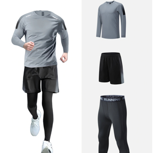 Ensemble de sport trois pièces pour homme OEM, logo personnalisé, vêtements de sport à séchage rapide, 100 % polyester, tenue de course et d'entraînement pour l'été - Product Image 1