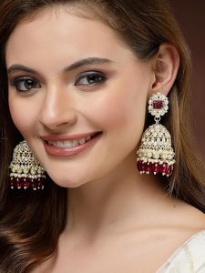 Pendientes Jhumka Étnicos Hechos a Mano de Aleación de Zinc con Piedra Roja y Perlas para Boda - Product Image 3