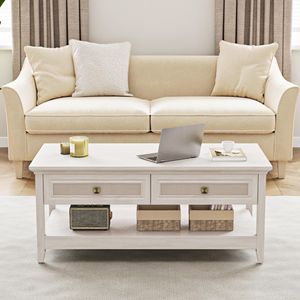 Tavolino da Caffè a 2 Livelli in Stile Rustico con Tema Boho, Tavolino da Tè con 2 Cassetti Decorativi in Rattan, Tavolino Centrale per Divano con Ripiano Portaoggetti - Product Image 6