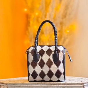 New Black White & Brown Soft Hair Fur Checkered Diamond Pattern <b>Hand</b> Tooled 100% Genuine Leather Material <b>Mini</b> Speedy Duffle Bag - Product Image 2
