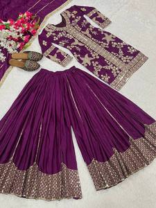 Ensemble Sharara Kurti prêt-à-porter pakistanais avec dupatta, en tissu Georgette indien brodé, style ethnique pour mariage, Diwali et fêtes - Product Image 4