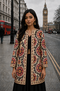 Women's Winter <b>Jacket</b> with Hand Embroidered Suzani Design <b>White</b> Fabric Bridesmaid Gift or Women's Clothing OEM ODM Bulk Sale - Product Image 1
