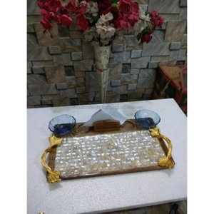 Bandeja de servicio redonda con incrustaciones de madreperla con asas, bandeja decorativa costera hecha a mano para cafetería, bar, desayuno, regalo al por mayor - Product Image 5