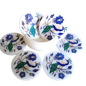 Sous-verres en marbre faits à la main avec incrustations, motif paon, ensemble de sous-verres pour thé et café, décoration de bureau - Product Image 1