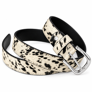 Cinturón de Cuero Genuino Personalizado con Pelo de Vaca para Hombre y Mujer – Cinturón Western con Manchas Blancas y Negras - Product Image 1
