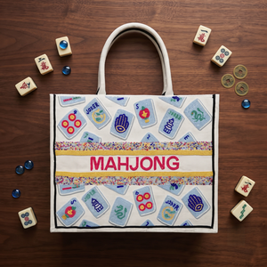Sac fourre-tout Mahjong avec motif de tuiles brodées, en toile, design tendance, ouverture par le haut, utilisable toute l'année - Product Image 1