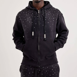 Vente en gros de sweats à capuche pour hommes personnalisés, épais, à fermeture éclair, avec patch brodé, impression sérigraphique, LOGO, strass et effet délavé à l'acide - Product Image 1