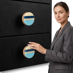 Bouton de tiroir rond en résine et bois, écologique, multifonctionnel, avec rayures bleues et beiges, style moderne, pour poignée de meuble de chambre - Product Image 5