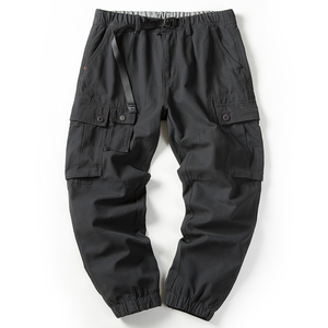 Pantalon cargo noir pour homme, taille élastique avec cordon de serrage, plusieurs poches, style workwear, toile mi-lourde, pour l'automne - Product Image 2