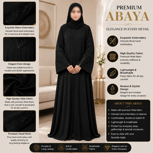 Abaya Bordada a Mano |   Vestido musulmán modesto negro Nida para mujer con intrincados detalles en las mangas, ropa islámica de longitud completa, moda elegante. - Product Image 5