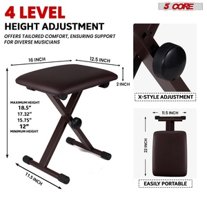 Adjustable Foldable Metal <b>Keyboard</b> <b>Stand</b> <b>with</b> Padded Piano Bench Combo 5-Core Musician Chair Set - Product Image 3