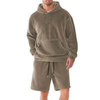 Conjunto de Sudadera con Capucha y Pantalones Cortos de Forro Polar Doble para Hombre, Talla Grande, Color Sólido, Manga Larga, Cintura Elástica con Cordón, Casual y Cálido