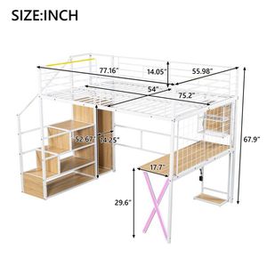 Letto a soppalco in metallo bianco a grandezza naturale con LED integrati per bambini, con postazione studio, armadio e scala contenitore - Product Image 3