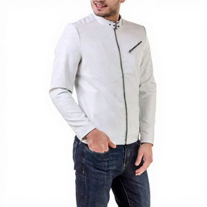 Men's <b>White</b> Moto <b>Jacket</b> Stand Collar Zipper Closure Slim Fit Regular Length Solid Color <b>Biker</b> Style Autumn Wear - Product Image 3