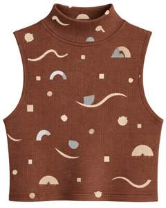 Top Corto Personalizado Marrón con Cuello Alto y Estampado Geométrico, Sin Mangas, Ajustado, Elástico, Informal y Moderno para Mujer - Product Image 1