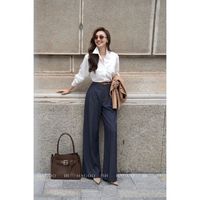 Pantalones de otoño Q717 de cintura alta, pierna ancha, transpirables, holgados, lisos, para mujer, pantalones rectos con cuello vuelto, para oficina y uso diario.