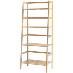 Scaffale espositivo a 4 livelli in bambù a trapezio, portaoggetti aperto, supporto autoportante per piante e fiori con organizer a scala - Product Image 3