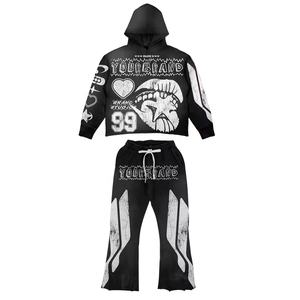 Ensemble de survêtement en molleton épais délavé au soleil avec appliqué brodé style streetwear, imprimé graphique personnalisé, sweat à capuche automne - Product Image 1