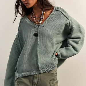 Cardigan en tricot pour femme, col en V, manches bouffantes, couleur unie, style bohème, pour l'automne, 100% acrylique, manches longues, bouton unique - Product Image 1
