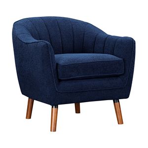 Poltrona Moderna Stile Mid-Century in Tessuto Chenille Blu con Schienale Trapuntato e Gambe in Legno Massello Marrone per Soggiorno - Product Image 3