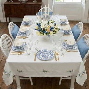 Wholesale Customized Modern White Cotton Embroidered Pretty Floral <b>Tablecloth</b> Durable Washable Full Sizes Hemstitch Table Covers - Product Image 1