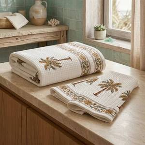 Juego de 1 Toalla de Baño y 2 Toallas de Mano de Algodón Waffle Estampadas a Mano, Reversibles, Hechas a Mano, para Hogar y Hotel - Product Image 6