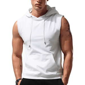 Sweat-shirt à capuche sans manches pour homme, blanc, en jersey de coton, coupe classique, décontracté, automne, écologique, avec poche avant - Product Image 1