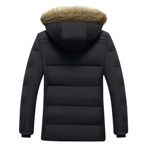 Men's Black Hooded Puffer Jacket With <b>Fur</b> <b>Trim</b> Windproof Winter Coat Casual Style Regular Fit Polyester Wadding Zipper Closure - Product Image 1