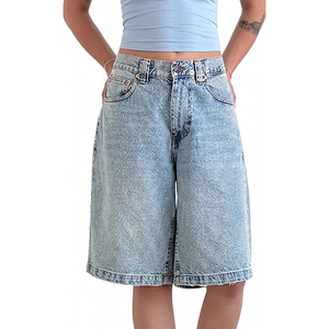 Women's <b>Jeans</b> Custom Factory Soft Comfortable <b>High</b> <b>Waist</b> Light Wash Frayed Wide Leg Denim <b>Shorts</b> - Product Image 4