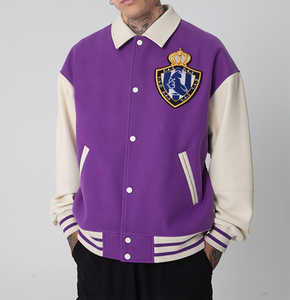 <b>Men's</b> Purple <b>White</b> Varsity <b>Jacket</b> Preppy Style Embroidered Patch Design Turn-down Collar Regular Fit Autumn Wear - Product Image 1