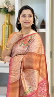 Saree Sutra Tussar Lembut Elegan Panjang Lantai dengan Motif Bunga, Desain Garis Zari, Rumbai Pallu, Set Blus, untuk Diwali, Pernikahan, Tradisional