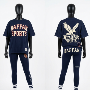Conjunto de Camiseta y Leggings de Algodón y Poliéster Premium de 220 GSM, Diseño de Paneles Azul Marino, Impresión de Pantalla, Logotipo Personalizado, Conjuntos para Mujer - Product Image 1
