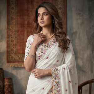 Sari en soie premium avec broderie Butta, bordure ajourée et chemisier en soie Banglory brodé - Product Image 1