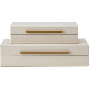 Ensemble de 2 boîtes de rangement décoratives en similicuir beige shagreen avec poignées en métal doré - Product Image 1