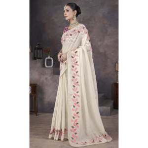 Sari en soie de créateur avec de magnifiques broderies, châle de luxe - Product Image 6