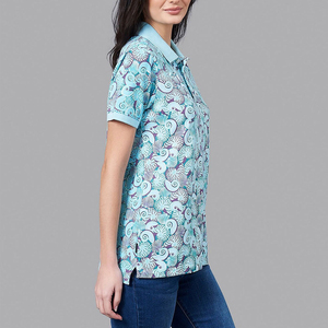 เสื้อโปโลแขนสั้นพิมพ์ลายดอกไม้สีฟ้าสำหรับผู้หญิง ผ้าทอระบายอากาศได้ดี ความยาวปกติ - Product Image 2