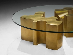 Mesa de centro de diseño moderno de lujo con tapa redonda de cristal y base de latón premium tipo rompecabezas. - Product Image 2