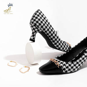 Vietnam Manufacturer Square Toe Office Pumps 5cm | <b>Tweed</b> & Satin Matte PU Slip-on OEM ODM - Product Image 2