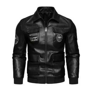 <b>Men's</b> Black Genuine <b>Leather</b> Waterproof Moto <b>Jacket</b> Stand Collar Zipper Closure High Street Style Regular Fit Autumn - Product Image 1